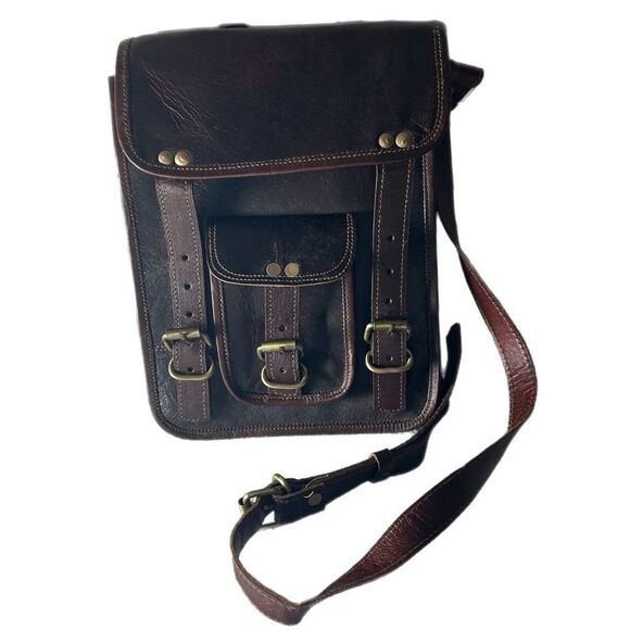 Handmade Brown Genuine Goat Leather Messenger Satchel Bag 9” adjustable Strap - Picture 1 of 5